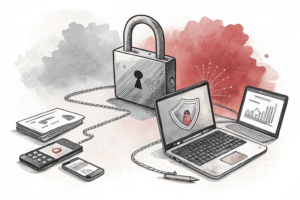 A digital lock symbol hovers over a group of interconnected electronic devices, casting a shadow of uncertainty.