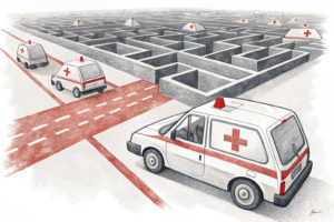 A fleet of abstract vehicles with red crosses speeds through a maze of obstacles towards a distant light.