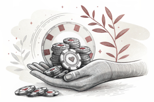 A large hand gently guides a group of fading digital poker chips towards a supportive circle of hands, symbolizing the expansion of gambling harm support services and peer support programmes.