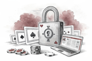 A digital lock symbol hovers over a group of fading online gambling websites, symbolizing regulatory restrictions.