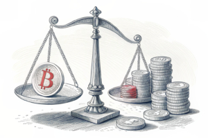 A digital scale tips as a shadow of uncertainty looms over a stack of fading virtual coins.