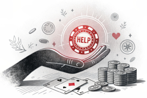 A shadowy hand covers a glowing gambling advertisement, revealing a bright, supportive helpline underneath.