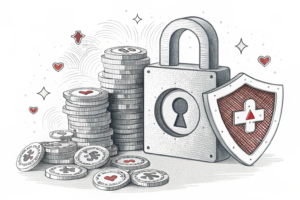 A giant digital lock blocks a stream of offshore gambling platforms while a shield protects a stack of digital assets.