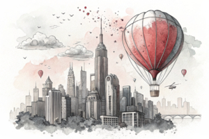 A colorful hot air balloon rises above a bustling city, symbolizing a soaring tourism industry.