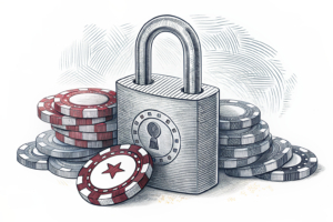 A digital lock symbolizes the crackdown on illegal online gambling promotions, blocking a stream of virtual betting chips.