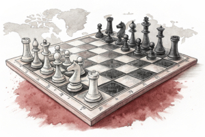 A chessboard with pieces representing different industries is being strategically rearranged by unseen hands.