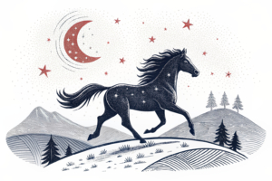 A silhouette of a majestic horse galloping freely under a starry night sky, symbolizing the spirit of equestrian education and community engagement.