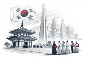 A towering, futuristic structure symbolizing innovation and international conferences casts a shadow over a group of traditional Korean cultural symbols struggling to keep up.