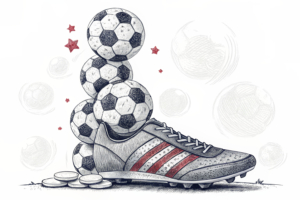 A towering stack of footballs crumbles under the weight of a giant soccer boot, symbolizing the impact of the 2026 FIFA World Cup on China's sports betting sector.