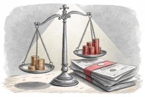 A scale balances a stack of golden coins and a pile of debt papers, with a spotlight shining on the coins.