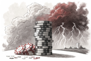 A towering digital wall separates a stack of fading gaming chips from a turbulent storm brewing in the background.