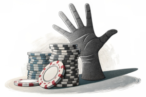 A large, looming hand casts a shadow over a fading stack of digital chips, symbolizing the growing restrictions and reforms in the regulated gambling sector.