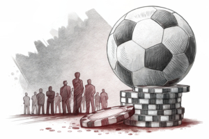 A giant soccer ball rolls over a diminishing stack of casino chips, overshadowing a group of fading high rollers.