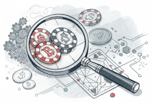 A giant magnifying glass reveals a hidden network of interconnected digital money trails intertwined with digital gambling chips.