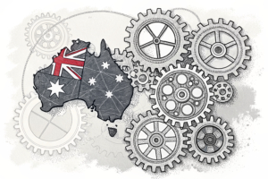 A large puzzle piece fits perfectly into a complex network of interconnected gears, symbolizing the alignment of businesses with Australia's reformed AML/CTF framework.