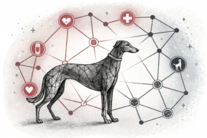 A glowing, interconnected network of digital nodes symbolizing 24/7 access to veterinary advice for greyhound breeders and trainers.