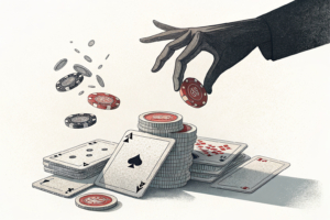 A shadowy hand casts doubt over a deck of digital cards, as a stack of virtual chips vanishes into thin air.