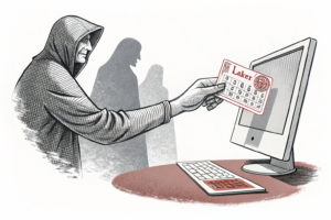 A hand reaches out from a computer screen, holding a lottery ticket and a scratch card, while a shadowy figure lurks in the background.