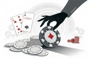 A hand casts a shadow over a digital casino chip that fades into darkness, symbolizing the withdrawal of a casino license due to online fraud allegations.