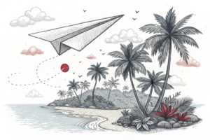 A paper airplane flies over a tropical island, symbolizing the expansion of international connectivity and tourism to a leisure destination.