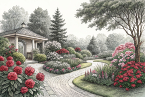 A vibrant garden with blooming flowers and lush greenery surrounded by diverse people engaging in outdoor activities.