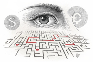 A watchful eye oversees a maze of interconnected digital streams, guiding them towards a fading shadow of uncertainty.