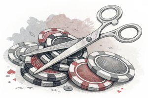 A large pair of scissors cuts through a tangled web of digital casino chips, severing connections.