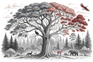 A majestic tree with diverse wildlife perched on its branches, surrounded by a lush forest and a vibrant ecosystem.