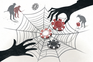 A digital spider web ensnares a group of shadowy figures, each holding a virtual gambling chip, as a looming hand casts a dark shadow over them.