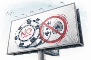 A digital billboard displaying a blurred image of a casino chip being covered by a red 'no gambling' symbol.