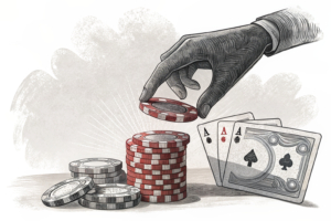 A towering hand casts a shadow over a fading stack of digital chips, symbolizing the tightening grip on gambling regulations.