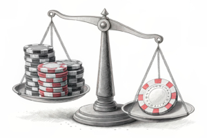 A scale balances between a fading stack of digital poker chips and a rising stack of coins, symbolizing financial stability and growth.