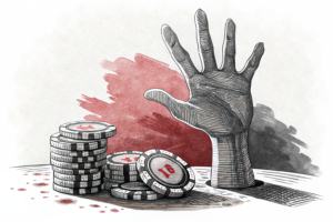 A giant hand casts a shadow over a fading stack of digital coins, symbolizing the crackdown on online gambling and its consequences.