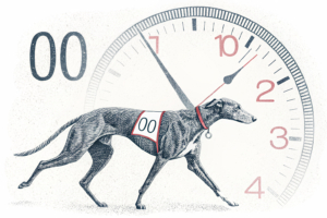 A fading silhouette of a greyhound racing track under a giant clock counting down to zero.
