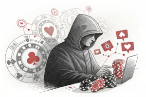 A shadowy figure casts a warning silhouette over a social media influencer surrounded by digital symbols of gambling, fading into darkness.
