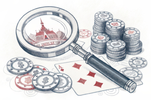 A large magnifying glass hovers over a maze of interconnected casino chips, symbolizing the upcoming nationwide casino compliance evaluations in Cambodia.