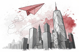 A soaring paper airplane flies above a bustling cityscape of abstract geometric shapes, symbolizing the growth and momentum of the tourism and travel sectors.