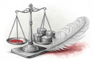 A scale weighing a stack of digital coins against a feather, symbolizing the impact of regulatory uncertainty on gaming operators' credit quality.