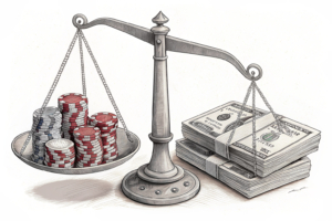A large scale balances on a delicate fulcrum, with fading digital casino chips on one side and a diminishing stack of money on the other.