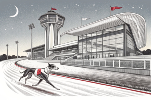 A sleek, modern greyhound racing venue with state-of-the-art facilities and a futuristic race control tower under bright lights symbolizes a new era of safety and welfare standards in the industry.