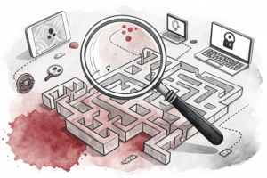 A looming shadow of a magnifying glass hovers over a maze of interconnected digital devices, symbolizing the intensified efforts to crack down on illegal gaming operations.