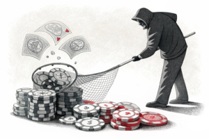 A shadowy figure casts a net over a pile of fading digital chips, symbolizing the grip of illegal gambling on the region.