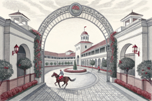 A symbolic scene of a horse racing culture courtyard with a winning arch and racetrack, representing the integration of vocational education programmes in the Greater Bay Area.