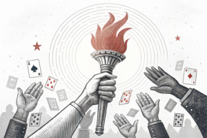 A towering hand symbolically passes the torch to a new set of hands, representing the transition of leadership within the casino regulatory body.