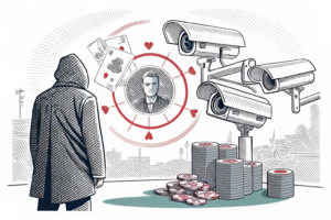 A shadowy figure looms over a group of interconnected security cameras, symbolizing a criminal syndicate's control over surveillance in a casino setting.