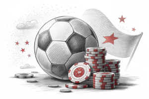 A giant soccer ball rolls over a diminishing stack of casino chips, symbolizing the impact of the World Cup on Macau's gaming industry.