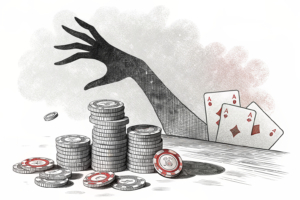 A towering hand casts a shadow over a diminishing stack of digital coins, symbolizing the escalating impact of gambling harm incidents.