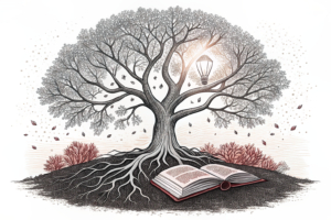 A tree of knowledge with branches reaching towards a glowing light, surrounded by diverse roots growing deep into the ground.