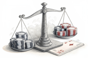 A grand scale balances between rising net sales and declining adjusted EBITDA, overshadowed by a fading stack of digital poker chips.
