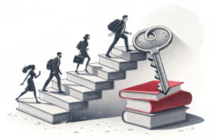 A group of silhouetted figures climb a staircase made of a mix of books and hotel keys, symbolizing the blend of academic studies and practical workplace training in the tourism and hospitality industry.
